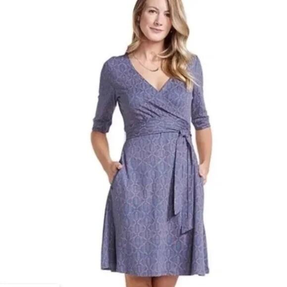 TOAD&CO Cue Wrap Cafe Dress w/ Attached Belt & Pockets Blue/Orange Size S - Picture 1 of 8